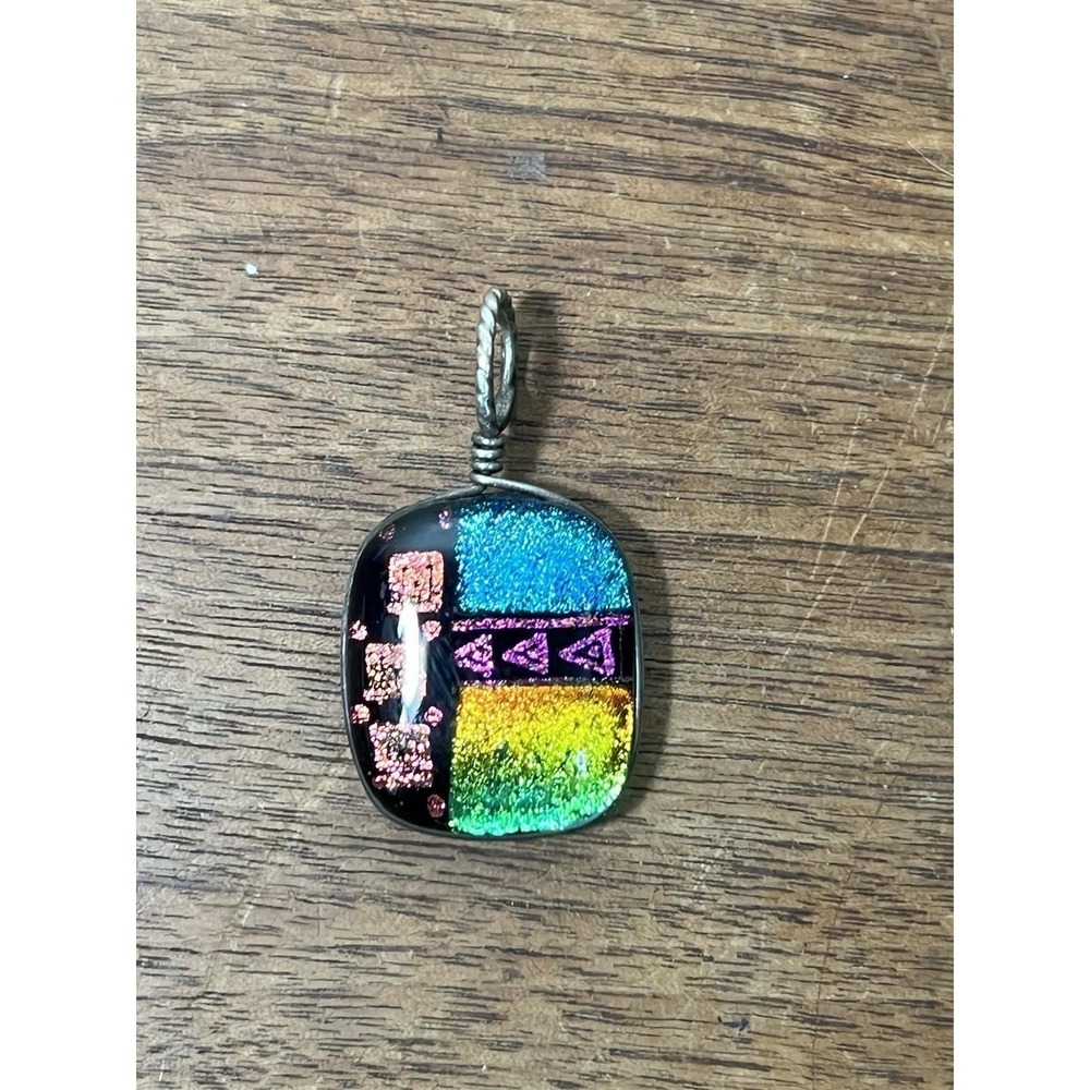 Art Glass Pendant Necklace Vtg Silver Wrap Sterling Maximalist Rainbow Holo